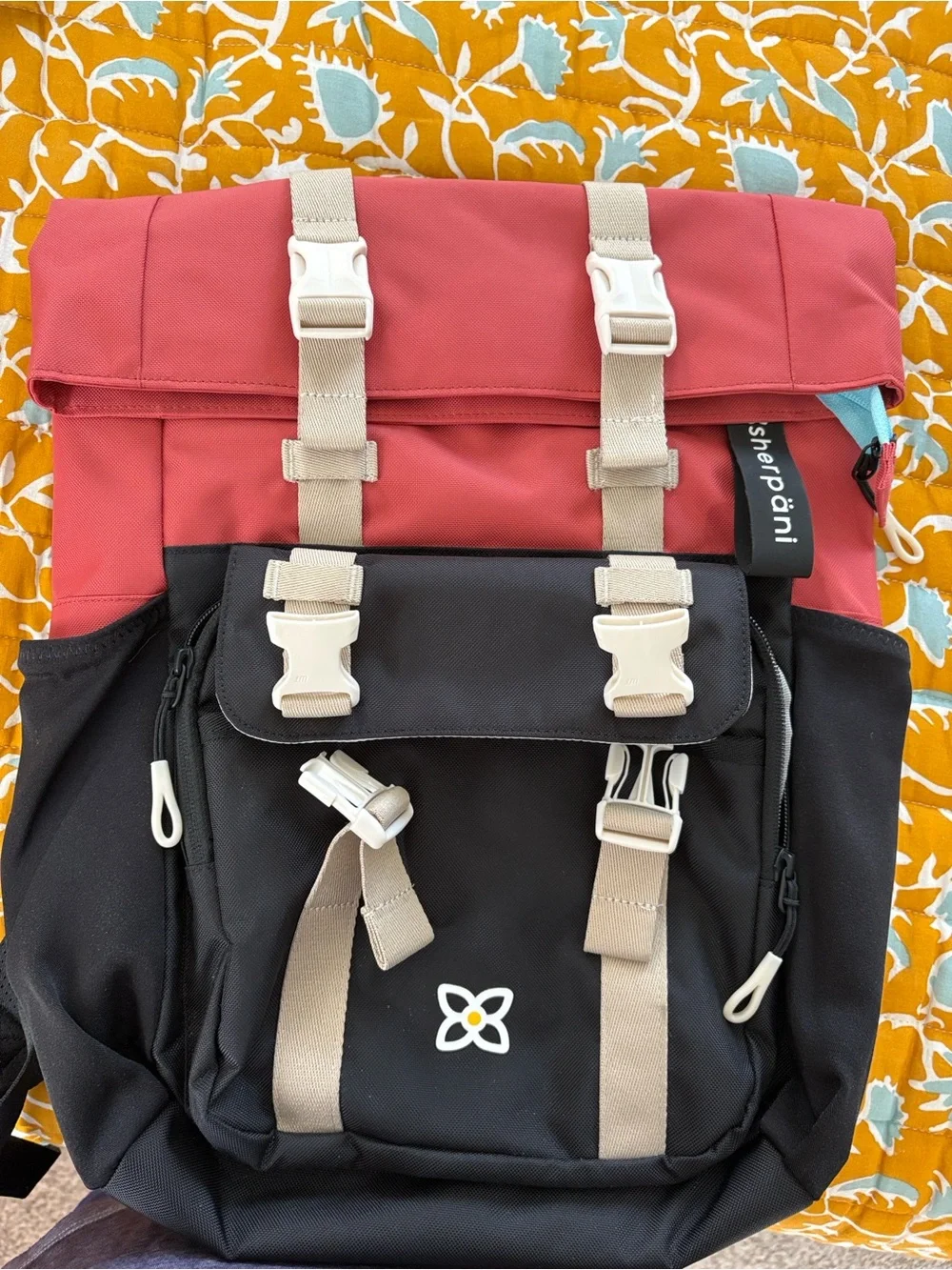 Black and Coral Roll-Top Canvas Backpack with Beige Straps